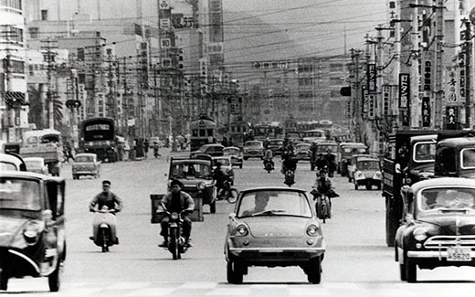 Kanayamacho as seen from Kamiyacho, downtown Hiroshima (circa 1961)